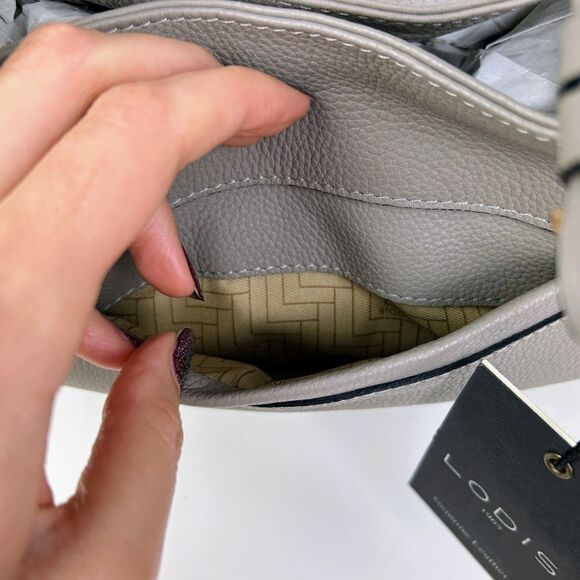 NWT LODIS Camilla Tote Shoulder Bag Ash Grey Taupe Leather Studded Zip Tassels - Picture 9 of 16